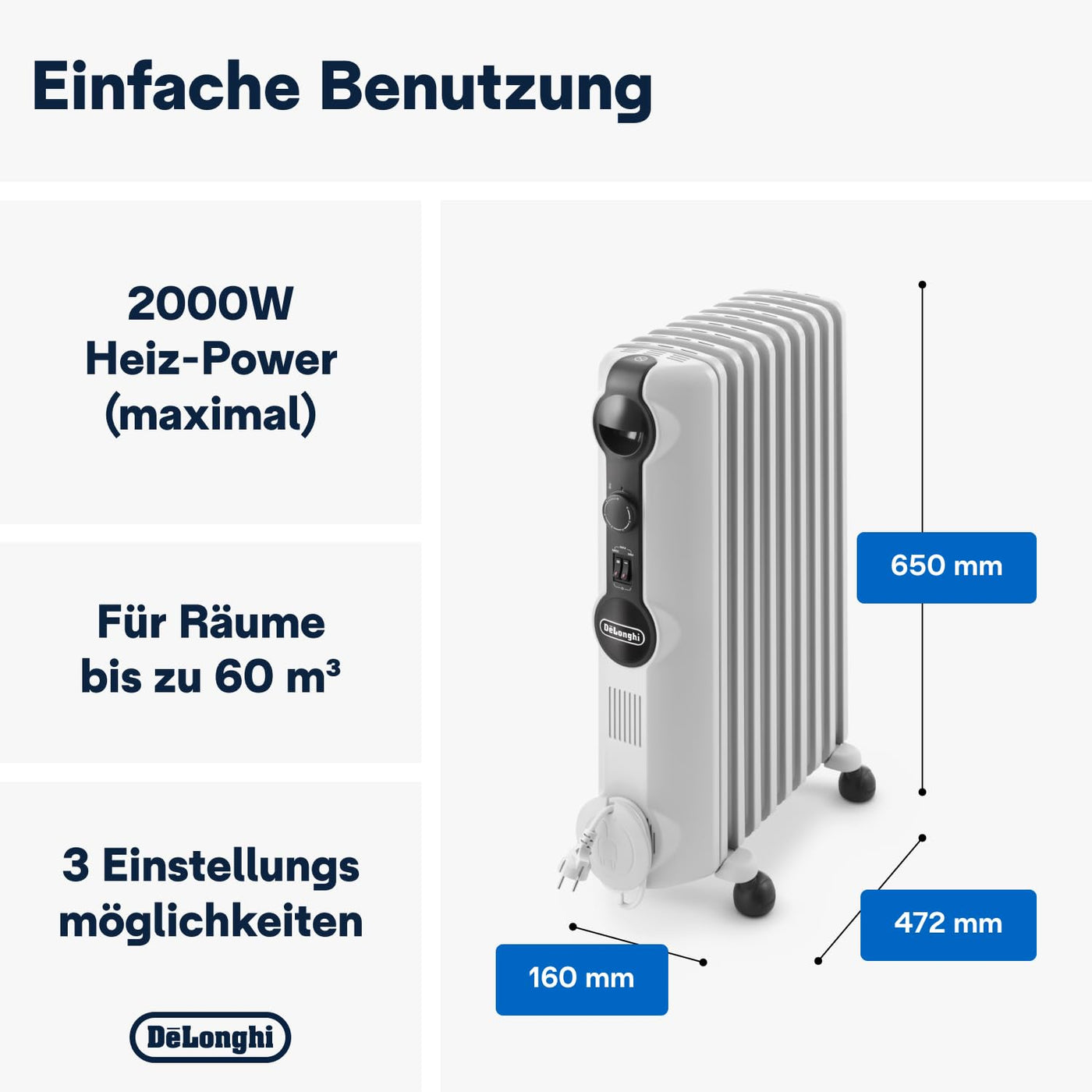 De'Longhi Radiator Radia-S TRRS0715 – 1500 W Heizleistung, stufenloser Temperaturregelung und Frostschutzfunktion