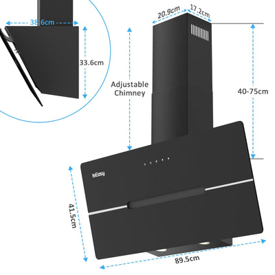 Dunstabzugshaube 90cm, IsEasy Kopffreiheit Dunstabzugshaube mit 578 m³/h Starker Saugleistung, 3 Einstellstufen, Berührungssteuerung, Umluft- und Abluftmodus, 58 dB, Schwarz, Effizienz A++