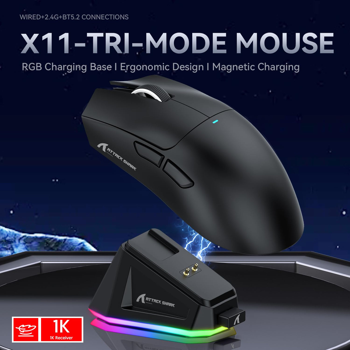 ATTACK SHARK X11 Gaming Mouse mit Magnetic Charging Dock, PixArt PAW3311 Gaming Sensor, BT/2.4G Wireless/Wired Gaming Mouse, 22000 DPI, Office Mice Gamer Mice Mice for Win11/Xbox/PS/Mac (Schwarz)