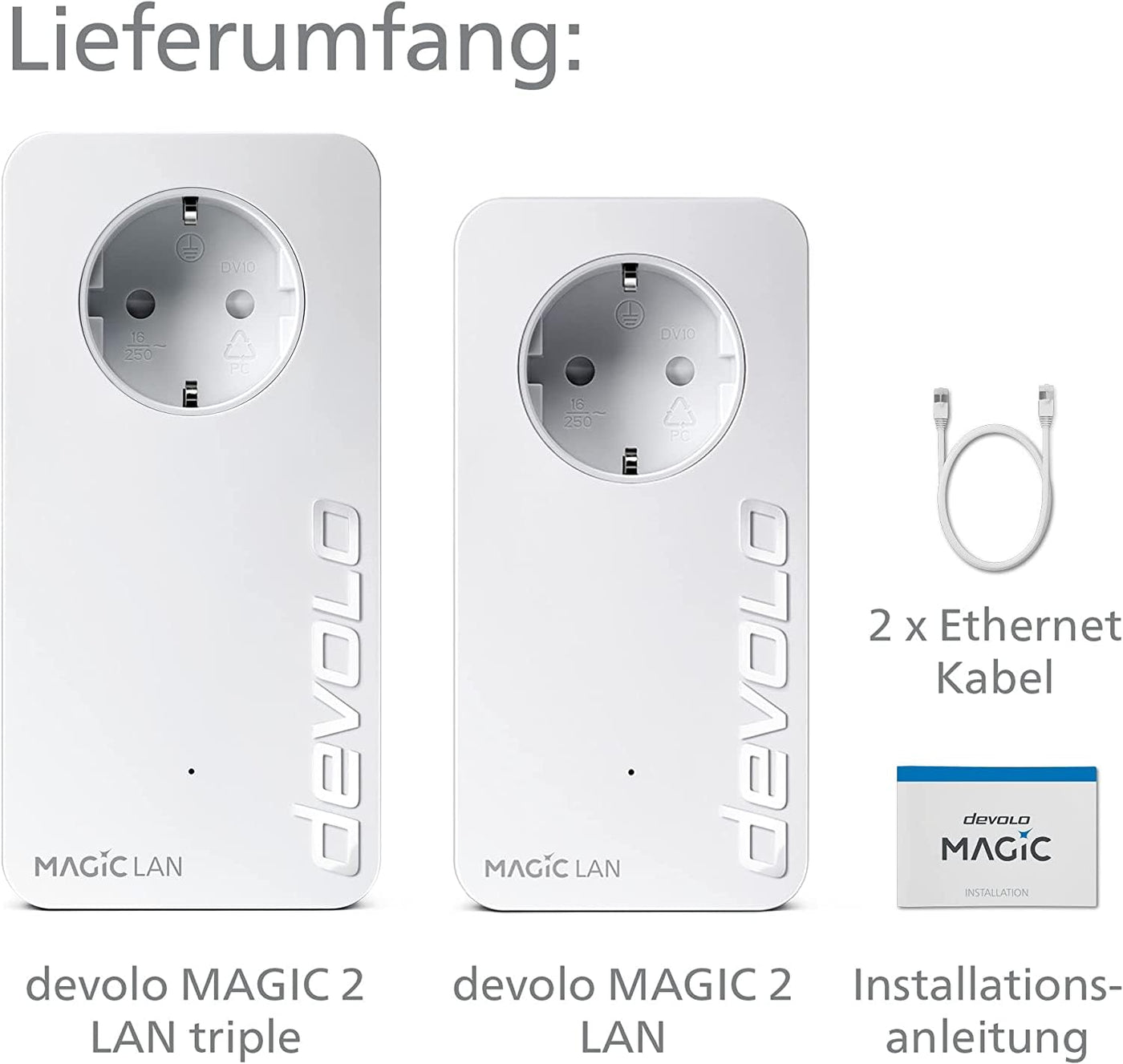 devolo Magic 2 LAN triple Starter Kit, LAN Powerline Adapter, bis zu 2.400 Mbit/s, 3x Gigabit LAN Anschluss, ideal für Gaming, dLAN 2.0, weiß