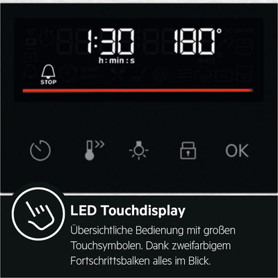 AEG Einbaubackofen – Serie 5 Ringheißluft: Gleichmäßige Garergebnisse auf 3 Ebenen – Pyrolyse Selbstreinigung – 25 Automatikprogramme – LED-Touchdisplay – Schnellaufheizung – Schwarz – BPE53516AB