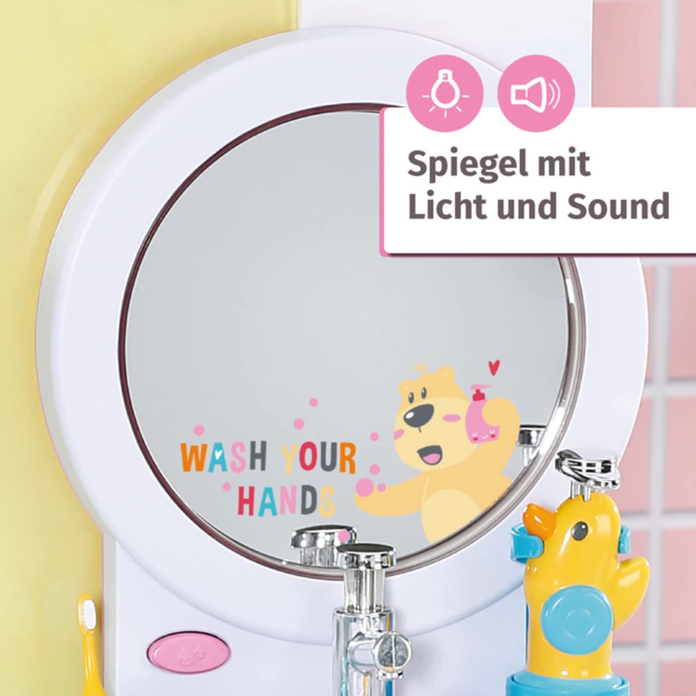 BABY born Bath Waschtisch, interaktiver Puppenwaschtisch mit Licht- und Soundfunktion, Zahnbürste, Zahnputzbecher, Seifenspender und Handtuch, 832707 Zapf Creation