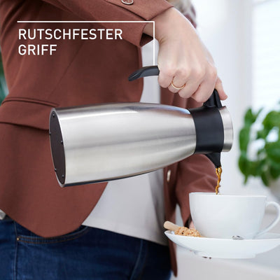 Emsa Soft Grip Isolierkanne, 1 Liter, Edelstahl, 12 Stunden heiß + 24 Stunden kalt, Auslaufsicher, Rutschfester Griff, Farbe Schwarz, 508932