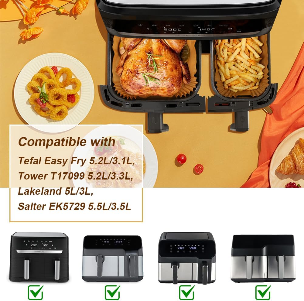 GINOYA Backpapier für Tefal EY9018 Dual Easy Fry 5,2/3,1 L, Philips Dual Basket Airfryer 3000-Serie, Moulinex 8,3 L, Cecotec, DMS, Luftfritteusen Zubehör für Doppelkammer Heißluftfritteuse