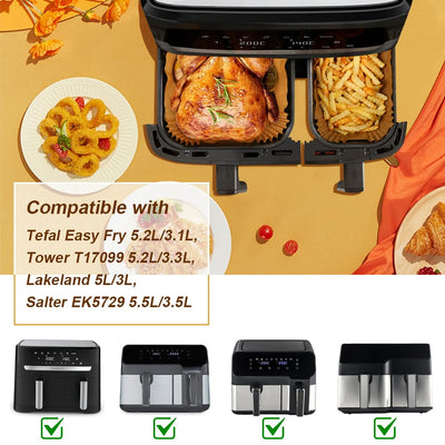 GINOYA Backpapier für Tefal EY9018 Dual Easy Fry 5,2/3,1 L, Philips Dual Basket Airfryer 3000-Serie, Moulinex 8,3 L, Cecotec, DMS, Luftfritteusen Zubehör für Doppelkammer Heißluftfritteuse