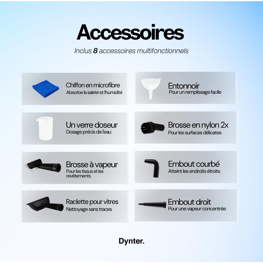 Dynter. SC1105 Hochdruck-Dampfreiniger – 1150 Watt Leistung, 3.5 Bar Druck, 15 Min. Nutzungsdauer | Inkl. Zubehörset für Küche, Bad & Böden | Chemikalienfreie Reinigung mit Leitungswasser