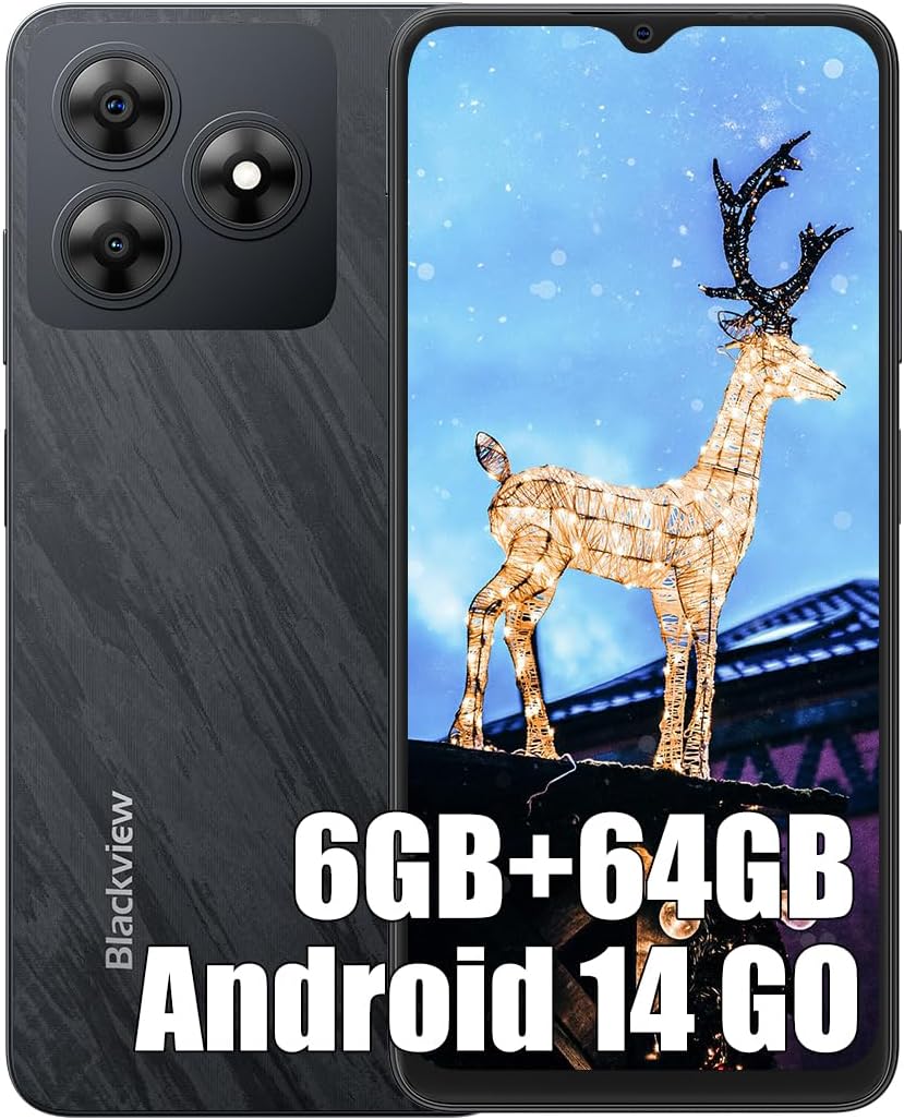 Blackview Wave 8C Android 14 Handy Ohne Vertrag Günstig, Octa Core 6GB+64GB+2TB SD, 6,56" HD+, Akku 4700mAh, 13MP+8MP, 4G LTE Dual SIM Smartphone Simlockfreie, 3.5mm Jack, GPS, mit Hülle, Schwarz