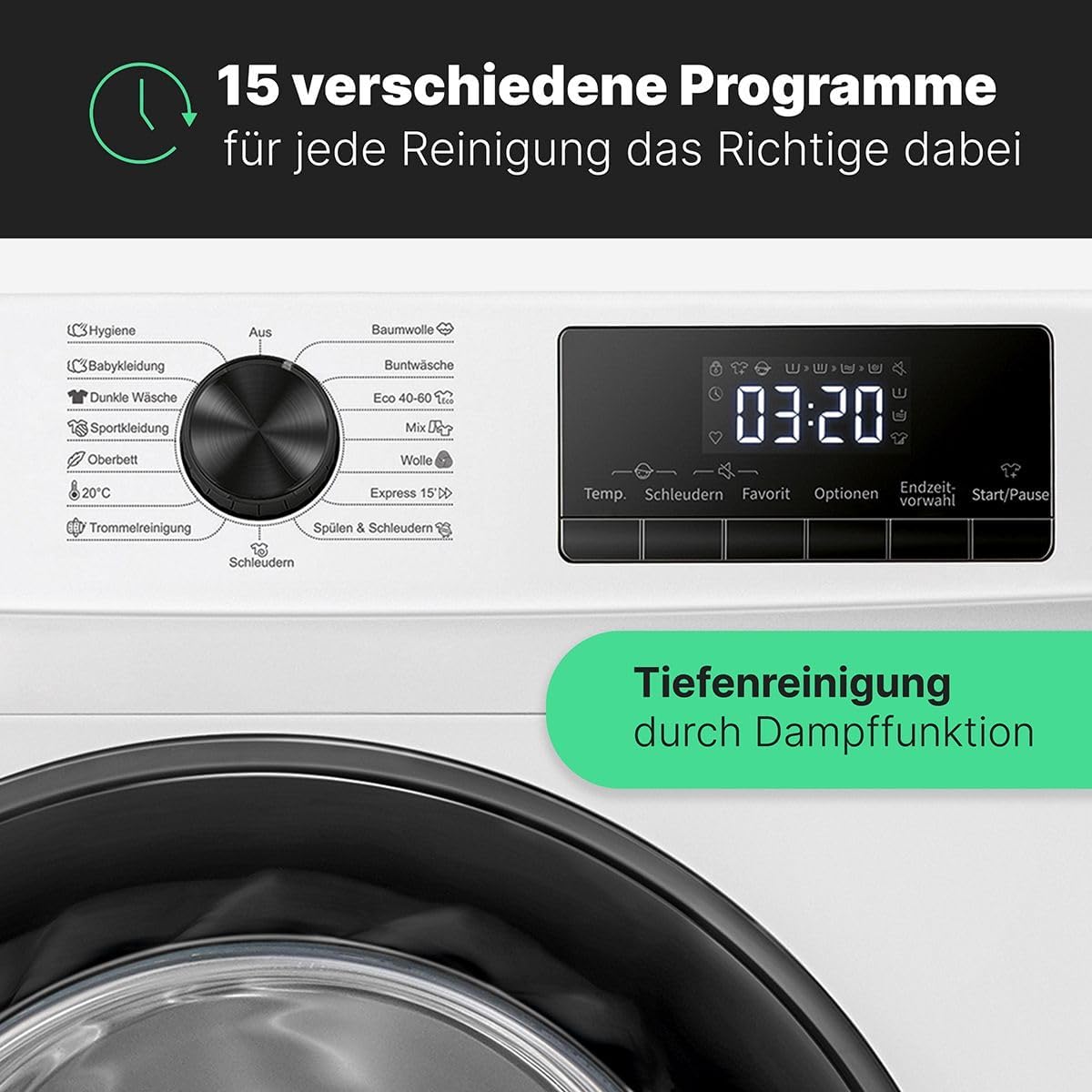 Bomann® Waschmaschine 9kg | max. 1400 U/min | 10 Jahre Motor-Garantie | effizienter, leiser & langlebiger Invertermotor | 15 Programme | Endzeitvorwahl | LED-Display | Washing Machine WA 7195