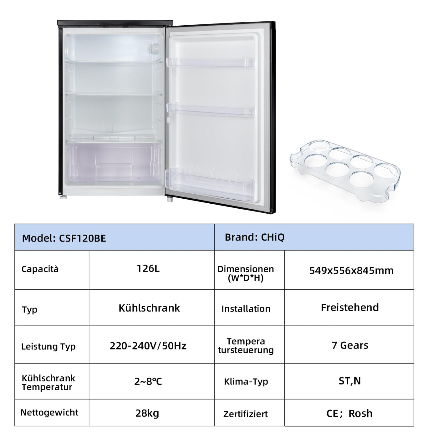 CHIQ CSF120BE Freistehender Kühlschrank ｜Low-frost Technologie | 12 Jahre Garantie auf den Kompressor*, Dunkler Edelstahl Look (130L) | 114 x 47 x 49,5 cm (HxBxT)