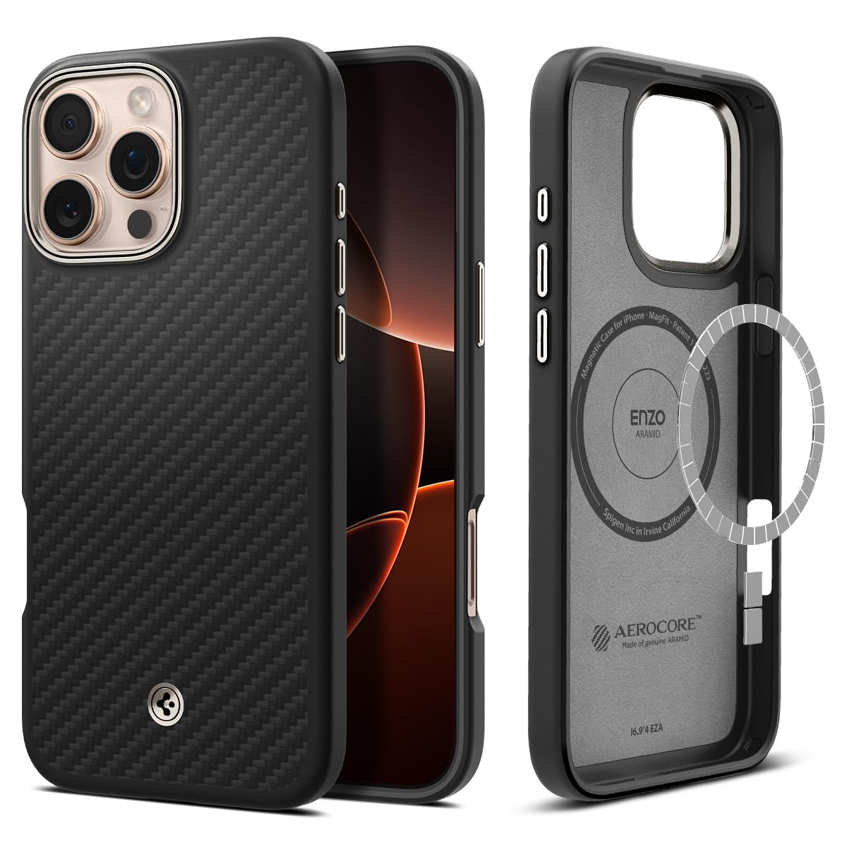 Spigen für iPhone 16 Pro Hülle [Kevlar 1500D Schutz] Enzo Aramid MagFit Aramidfaser Dünn Slim Stoßfest Schutzhülle Case Handyhülle Kompatibel mit MagSafe -Black Natural