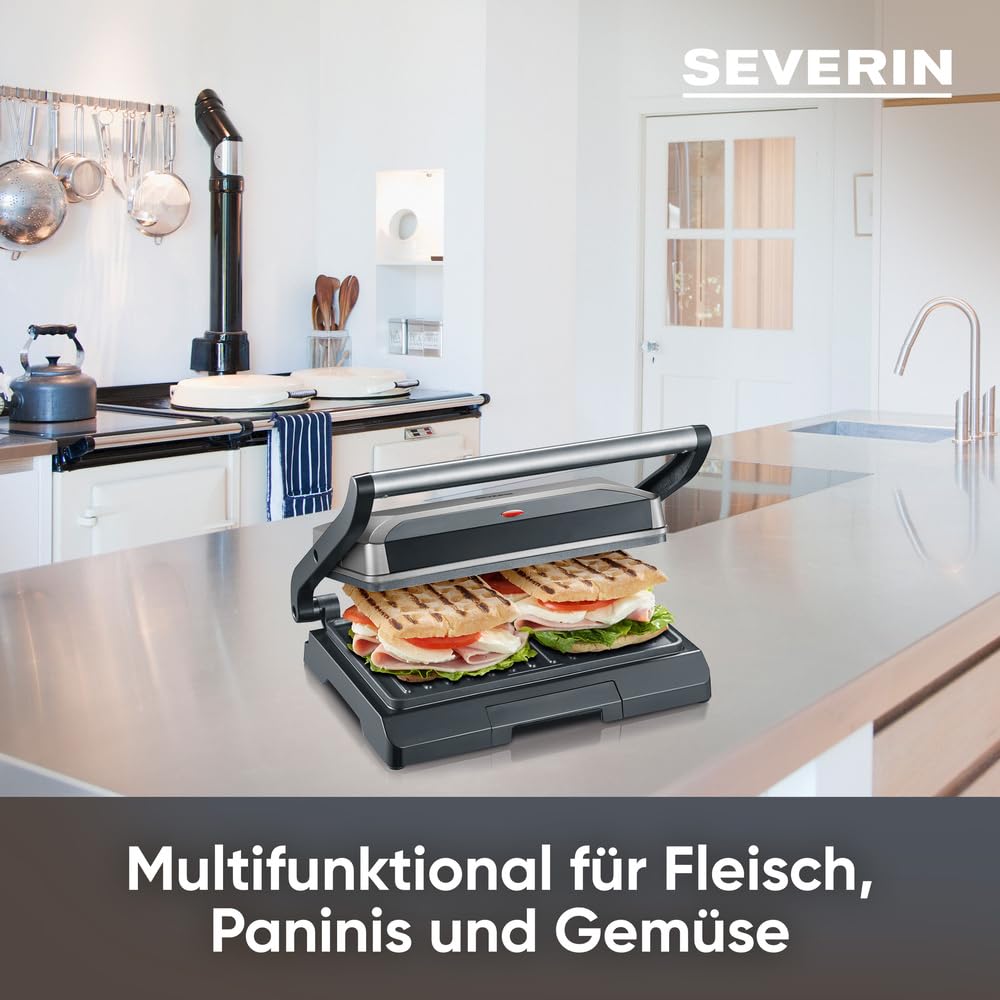 SEVERIN Kontaktgrill für Sandwiches, Steak und als Panini Grill, antihaftbeschichteter Sandwich Maker für fettfreies Grillen, 800 W, metallic grau/schwarz, KG 2394