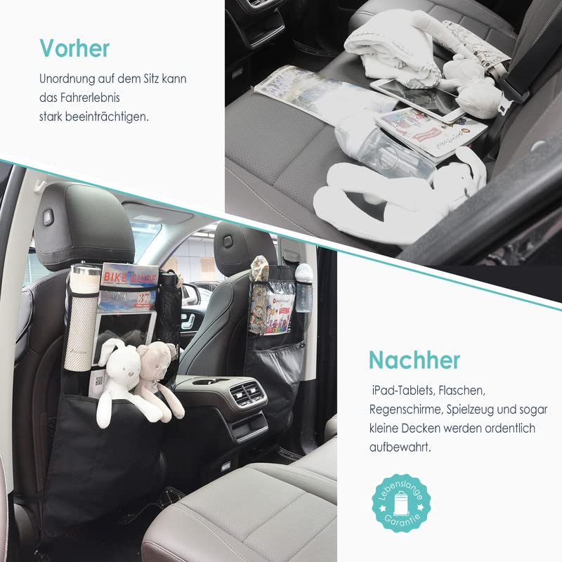 Termichy Rückenlehnenschutz Auto kinder,Auto Organizer,Organizer Auto Rücksitz kinder, Wasserdichtes Plane Kick-Matten-Schutz für Autositz zurück mit große Aufbewahrungstasche (1 Stück,Schwarz)