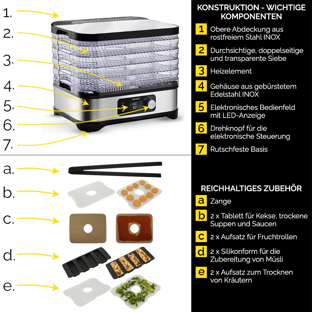 Yoer VitaSave FD01S, Dörrautomat, 450W, 4000 cm2, 24h Timer, LED-Anzeige, Edelstahl INOX, BPA-frei, Modulare bauweise, Lebensmittel-Dörrgerät für Lebensmittel, Pilze, Früchte, Fleisch, Fisch, Gemüse