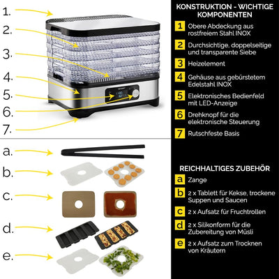 Yoer VitaSave FD01S, Dörrautomat, 450W, 4000 cm2, 24h Timer, LED-Anzeige, Edelstahl INOX, BPA-frei, Modulare bauweise, Lebensmittel-Dörrgerät für Lebensmittel, Pilze, Früchte, Fleisch, Fisch, Gemüse