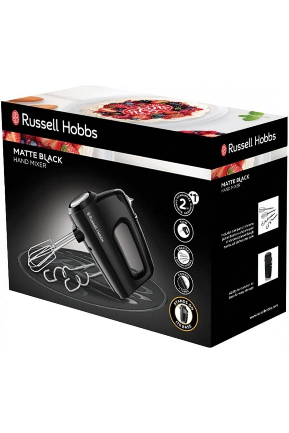 Russell Hobbs Handmixer [Handrührgerät] Matt Schwarz (5 Geschwindigkeitsstufen+Turbofunktion, 2 spülmaschinengeeignete Rührbesen & Knethaken, Auswurftaste, aufrechte Parkposition) Handrührer 24672-56