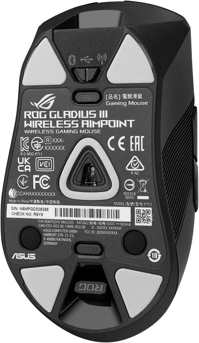 ASUS ROG Gladius III Wireless AimPoint RGB Gaming Maus (optischer ROG AimPoint-Sensor, 36.000 DPI, 650 IPS, ROG Micro Switches, ergonomisch, 2,4-GHz, Bluetooth®, USB, schwarz)