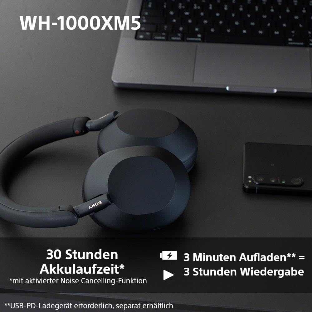 Sony WH-1000XM5 kabellose Bluetooth Noise Cancelling Kopfhörer (30h Akku, Touch Sensor, Headphones Connect App, Schnellladefunktion, optimiert für Amazon Alexa, Headset mit Mikrofon) Schwarz