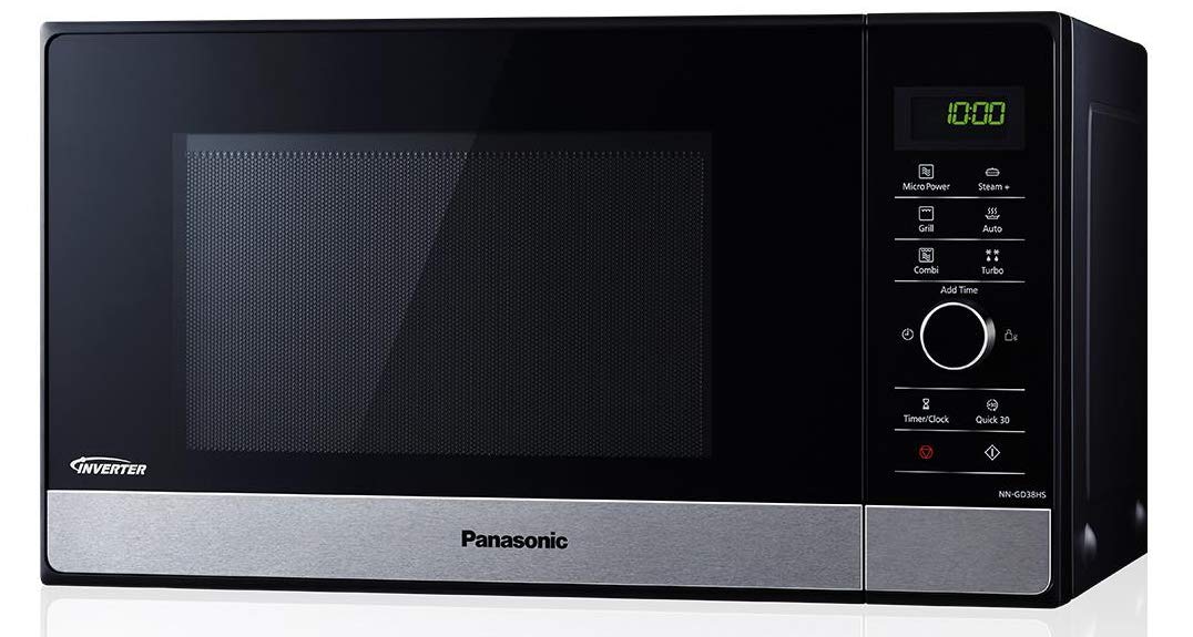 Panasonic NN-GD38HSGTG Mikrowelle mit Grill (1000 W, Inverter, Dampfgaren, energieeffizientes Kombikochen, Pizza-Pfanne, 23 Liter) edelstahl-schwarz