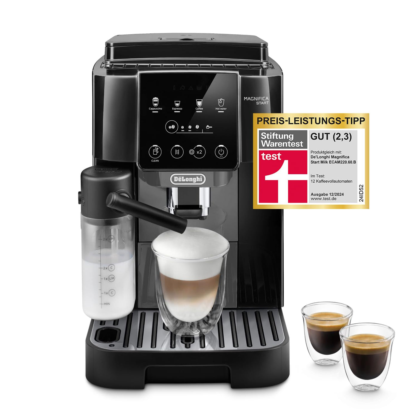 De'Longhi Magnifica Start ECAM222.60.BG, Kaffeevollautomat mit LatteCrema-Milchsystem für Automatischen Cappuccino, 4-Direktwahl-Tasten, Soft-Touch-Bedienfeld, "x2"-Funktion, 1450W, Schwarz/Grau