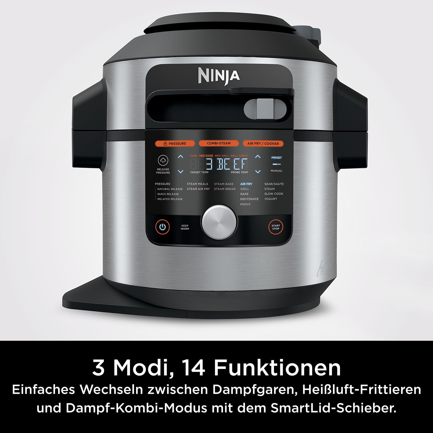 Ninja Foodi MAX Multikocher mit Smart Deckel, 7,5L, 14-in-1 Multicooker, Pressure Cooker Schnellkochtopf, Airfryer Heißluftfritteuse, Slow Cooker, digitaler Temperaturfühler, Edelstahl, OL750EU