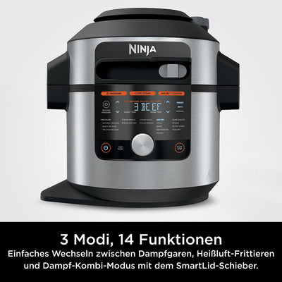 Ninja Foodi MAX Multikocher mit Smart Deckel, 7,5L, 14-in-1 Multicooker, Pressure Cooker Schnellkochtopf, Airfryer Heißluftfritteuse, Slow Cooker, digitaler Temperaturfühler, Edelstahl, OL750EU