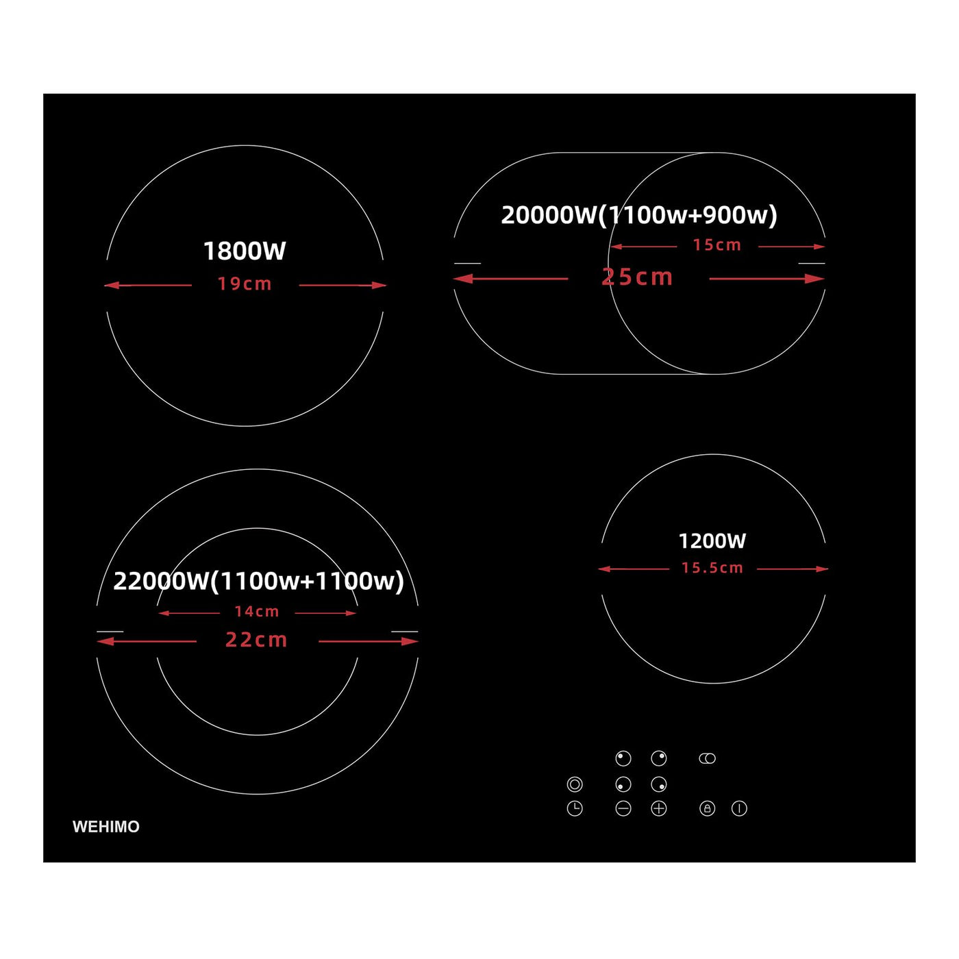 Glaskeramikkochfeld, WEHIMO Glaskeramikkochfeld 4 platten, 59cm, 7200W, 4 Kochzonen (2200W+2000W+1800W+1200W), 9 Heizstufen, Berührungssteuerung, Kindersicherung, Timer, Geeignet für Alle Töpfe