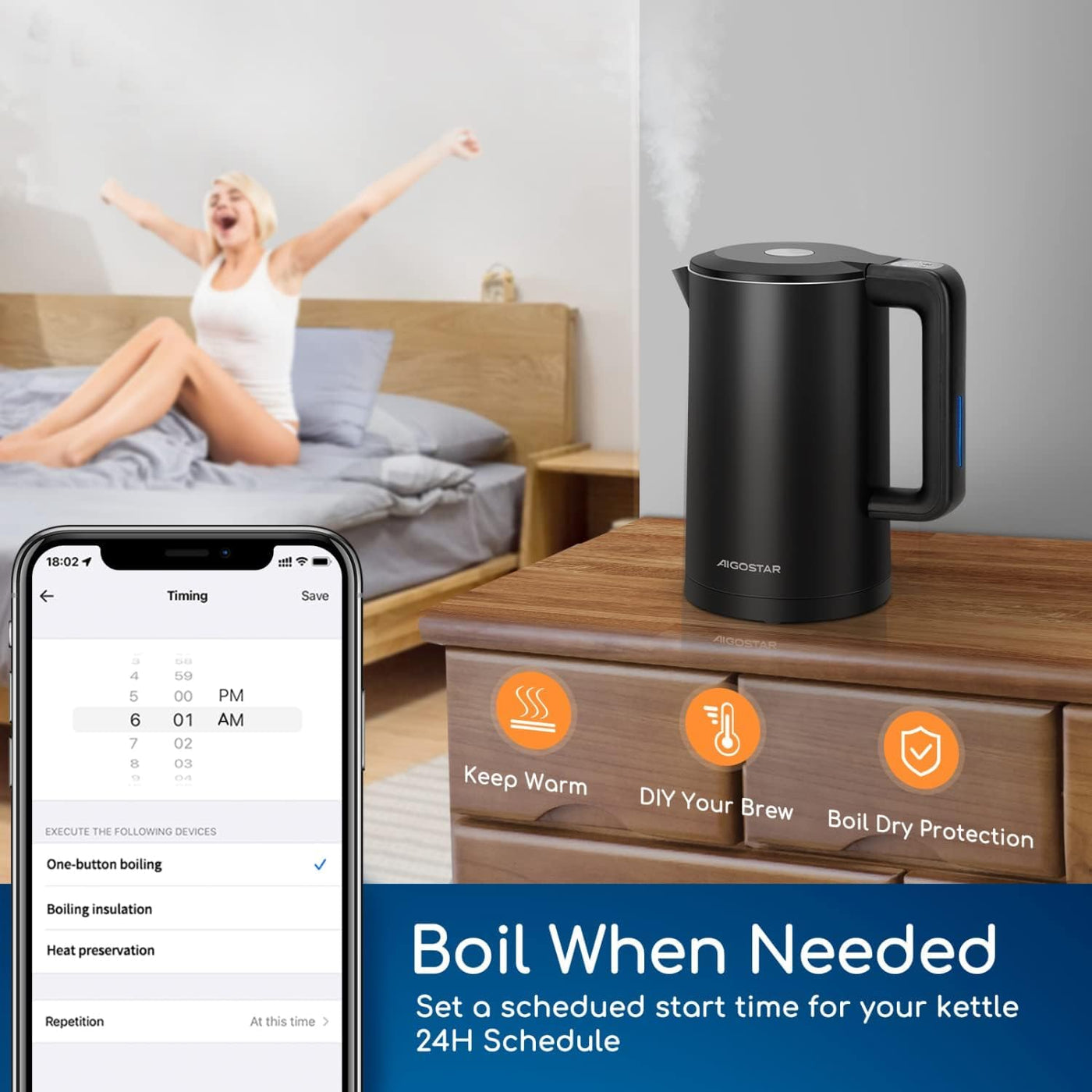 Aigostar - Smart Wasserkocher mit Temperatureinstellung 40°C-100°C, WiFi Steuerung Kompatibel zu Alexa, 1,7 L Edelstahl Doppelwand Cool Touch, Leise & Kabellos, Warmhaltefunktion, Schwarz