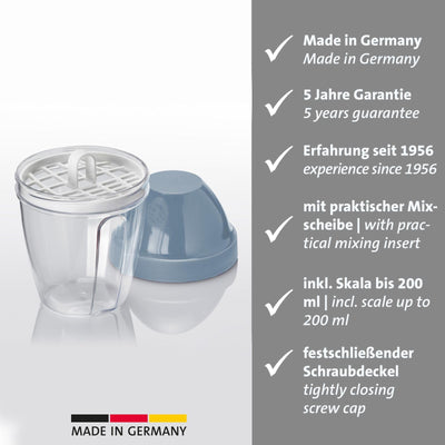 Westmark Schüttelbecher – Dressingshaker mit herausnehmbarer Mixscheibe, Fassungsvermögen: 0,25 l, Höhe: 12,8 cm, Kunststoff, BPA-freier Mixbecher (Klar/Blau)