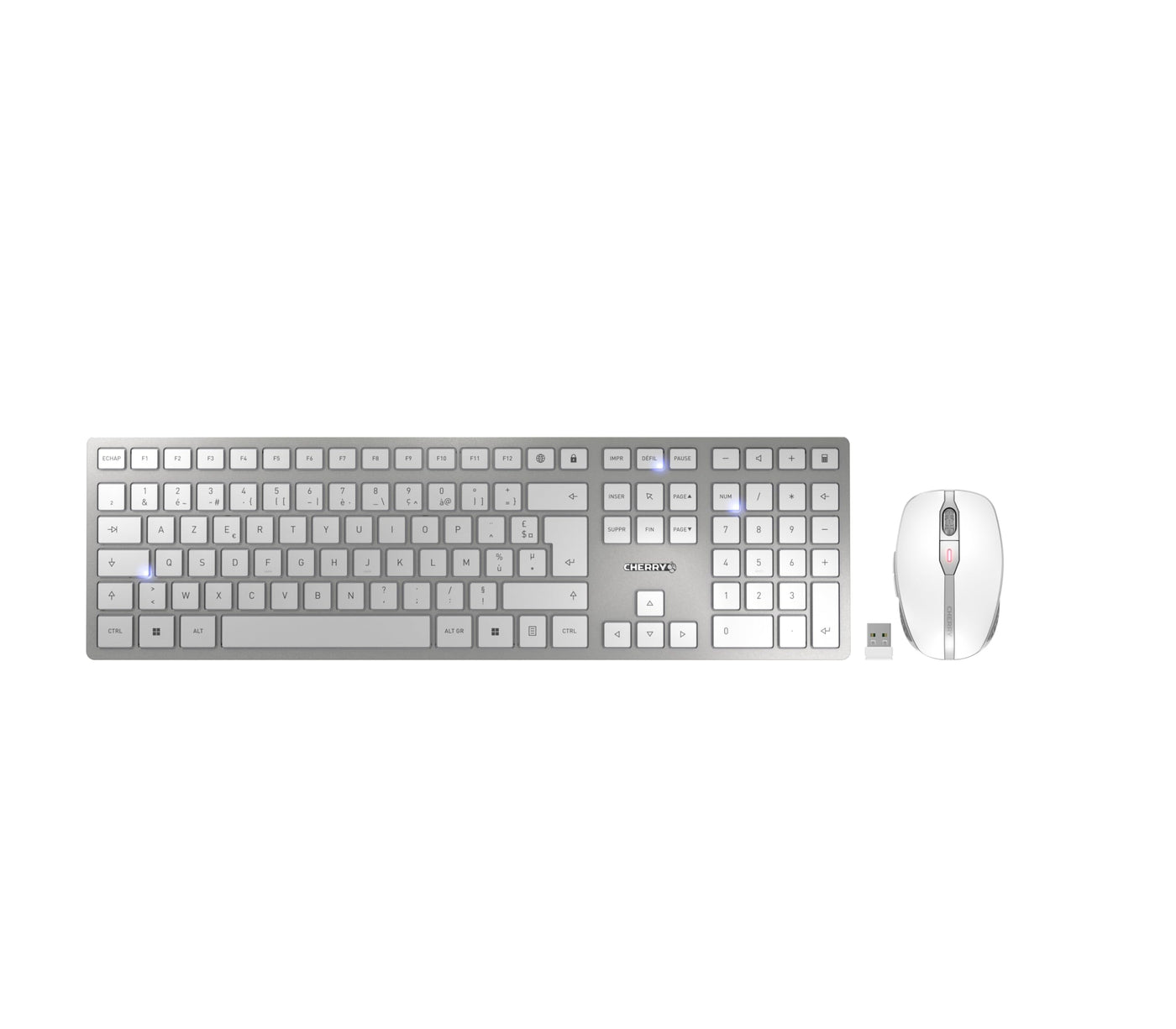 CHERRY DW 9100 SLIM, Kabelloses Tastatur- und Maus-Set, Französisches Layout (AZERTY), Bluetooth & 2,4 GHz Funk, Leise Tasten, Wiederaufladbar, Weiß-Silber