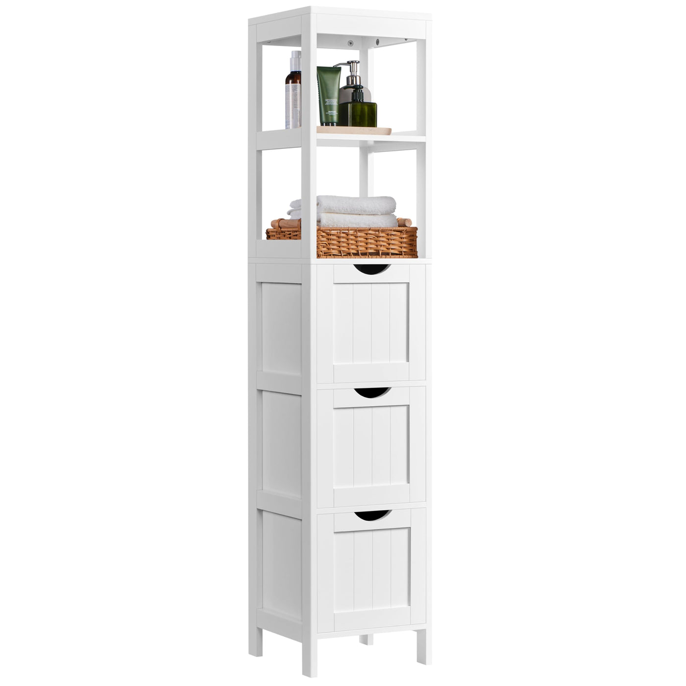 Yaheetech Hochschrank, Badezimmerschrank Aufbewahrungsschrank, mit 3 Schubladen und 2 offenen Fächern, schmales Badmöbel Badregal, 30 × 30 × 142 cm, Weiß