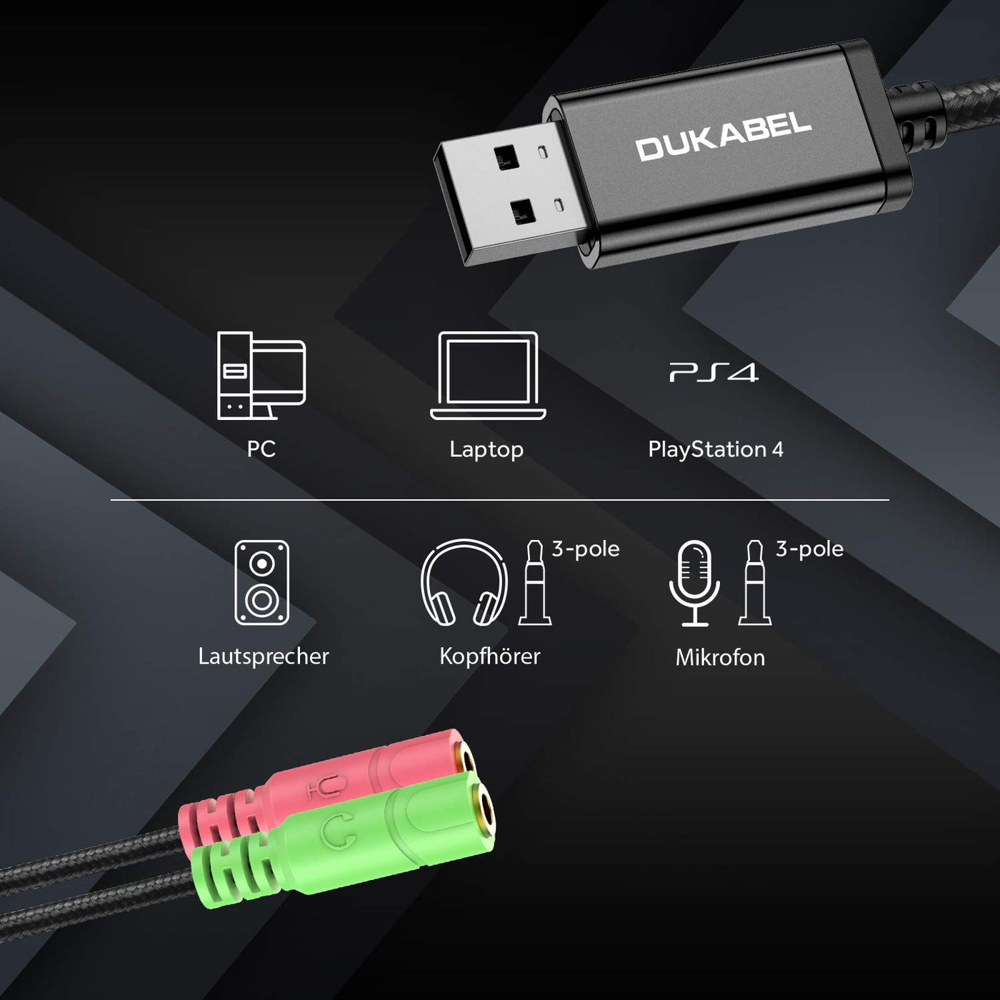 DuKabel Externe USB Soundkarte Adapter für Computer, Laptop und PS4, USB auf 2 x 3.5mm Buchse Aux Audio Konverter Kabel für Kopfhörer, Lautsprecher und 3 Pole TRS Mikrofon - Schwarz