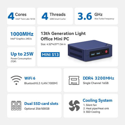 Beelink Mini S13 Mini PC, Intel N150 (4C/4T, bis zu 3.6Ghz), 16G DDR4 1TB SSD Mini Computer, 4K Dual Display，HDMI/WiFi6/BT5.2/RJ45 für Zuhause/Büro