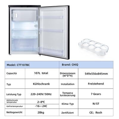 CHIQ CTT107BC Kühlschrank Klein 107 Liter, Höhe 84cm, Tiefe 55cm, Platzbedarf nur 0,3 ㎡, Mikro-Gefrierfach, Vario Box, 7 Temperaturregelstufen, geräuscharm, 87 kWh/Jahr, Schwarz