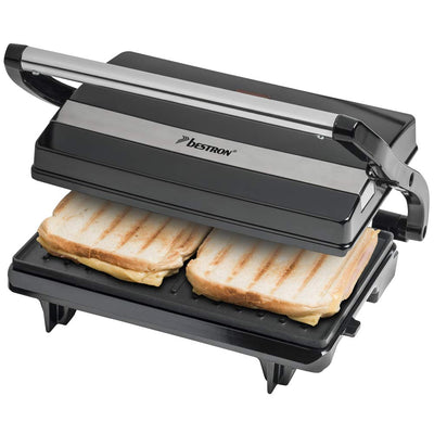 Bestron elektrischer Kontaktgrill mit Auffangschale, Sandwichmaker mit Cool-Touch-Handgriff, Paninimaker mit Antihaftbeschichtung, 700 Watt, APM123Z, Farbe: Schwarz, 22,5 x 14 cm