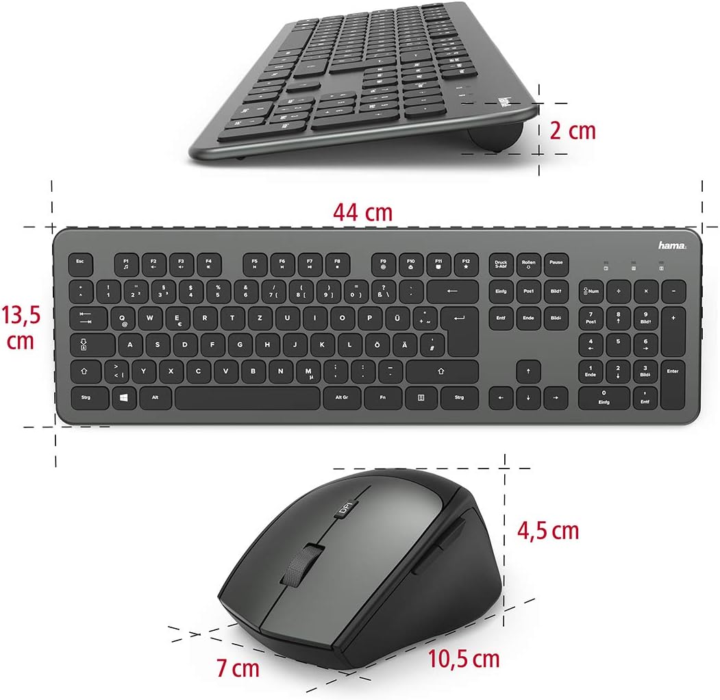 Hama Funk-Tastatur Maus Set (QWERTZ Tastenlayout, kabellose ergonomische Maus, 2,4GHz, USB-Empfänger) Windows Keyboard Funkmaus-Tastatur-Set, schwarz anthrazit