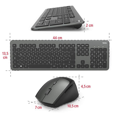 Hama Funk-Tastatur Maus Set (QWERTZ Tastenlayout, kabellose ergonomische Maus, 2,4GHz, USB-Empfänger) Windows Keyboard Funkmaus-Tastatur-Set, schwarz anthrazit