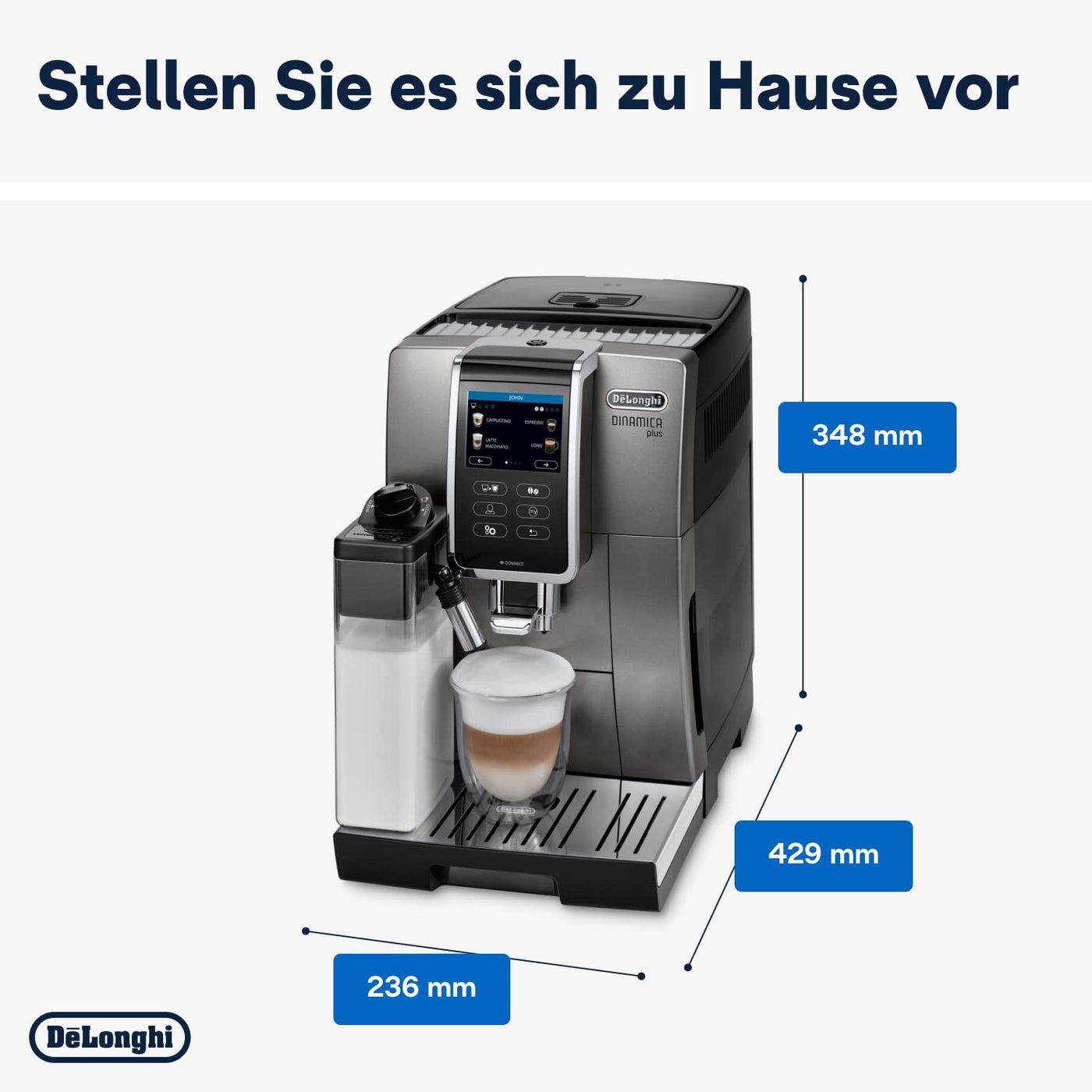 De'Longhi Dinamica Plus ECAM 372.95.TB Kaffeevollautomat mit LatteCrema Milchsystem, Cappuccino und Espresso auf Knopfdruck, Touchscreen Farbdisplay, Appsteuerung, Kaffeekannen-Funktion, Titan/Schwarz