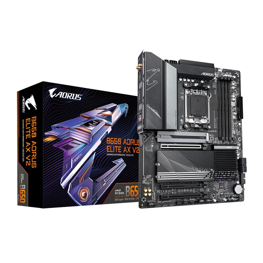 GIGABYTE B650 AORUS Elite AX V2 Mainboard - AMD Ryzen 9000er-Serie, 12+2+2 Phasen VRM, bis zu 8000 MHz DDR5 (OC), 1xPCIe 5.0 + 2xPCIe 4.0 M.2, 2,5 GbE LAN, WiFi 6E, USB 3.2 Gen 2