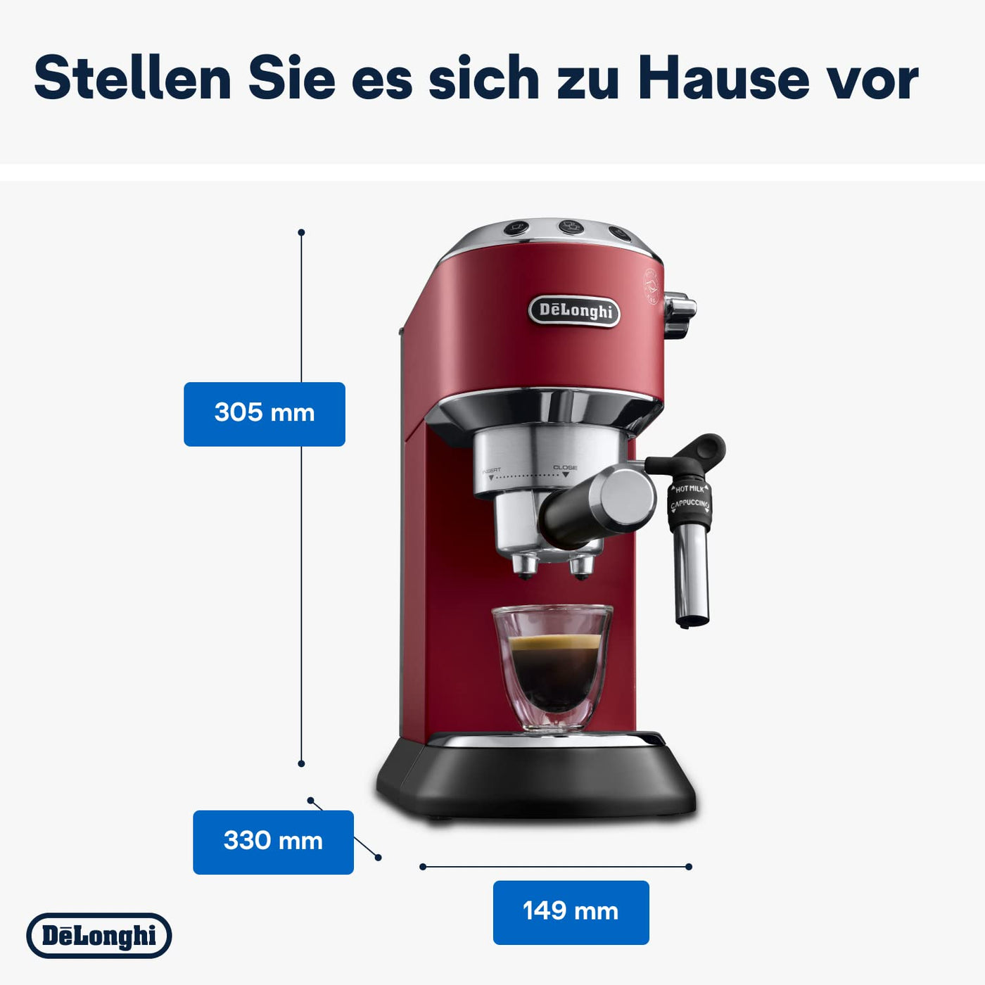 De'Longhi Dedica Style EC 685.R – Espresso Siebträgermaschine, Espressomaschine mit professionellem Milchaufschäumer, nur 15 cm breit, für Kaffeepulver oder ESE Pads, 1 l Wassertank, rot