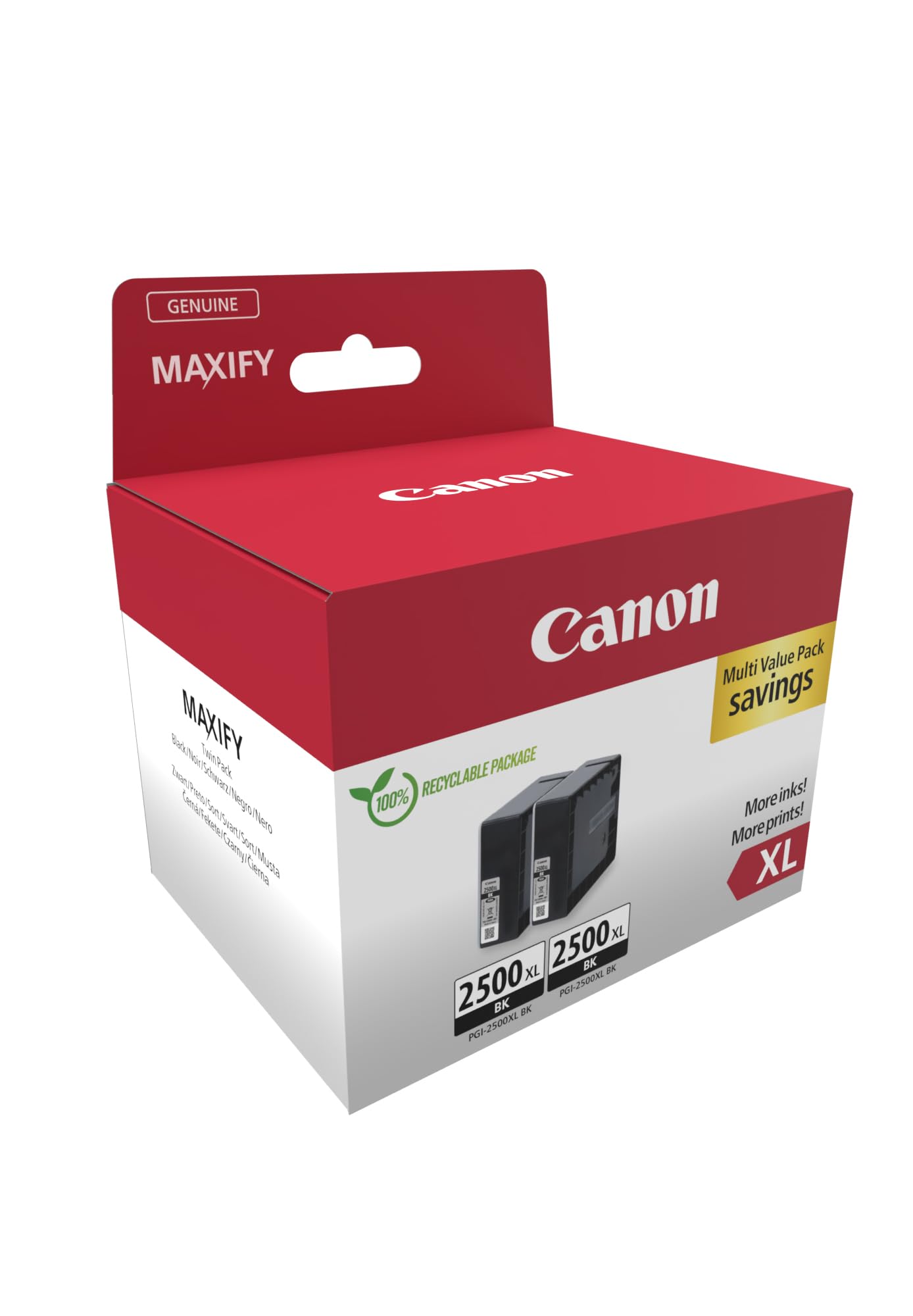 Canon PGI-2500 XL C M Y BK Vorteilspack 4 Tintenpatronen größere Reichweite XL (Schwarz XL, Cyan XL, Magenta XL, Gelb XL) Original [Umweltfreundliche Recycle-Kartonverpackung 2024]