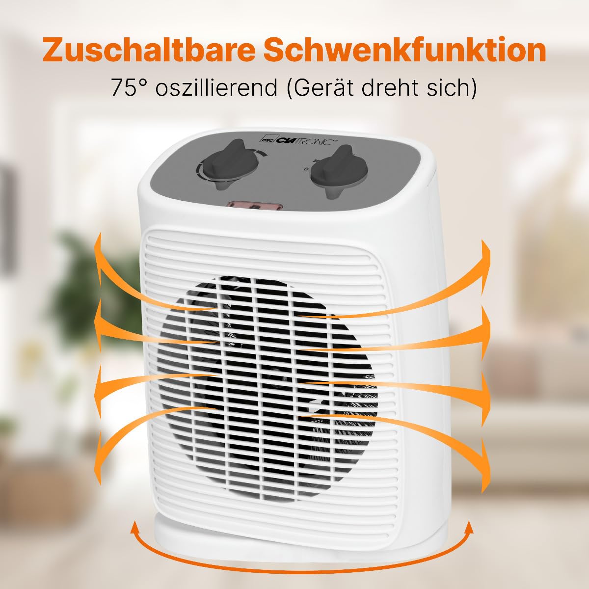 Clatronic® Heizlüfter inkl. Ventilatorfunktion | elektrische Heizung mit stufenlosem regelbarem Thermostat und 2 Heizstufen | Heizstrahler oszillierend | Heizgerät für Bad, Küche, Garage | HL 3800