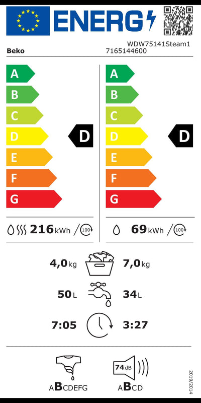 Beko WDW75141Steam1 Waschtrockner/ Wasserkondensation/ schwarze XL-Tür/ Bluetooth/ Dampffunktion/ Nachlegefunktion/ Watersafe/ 7 kg Waschen, 4 kg Trocknen