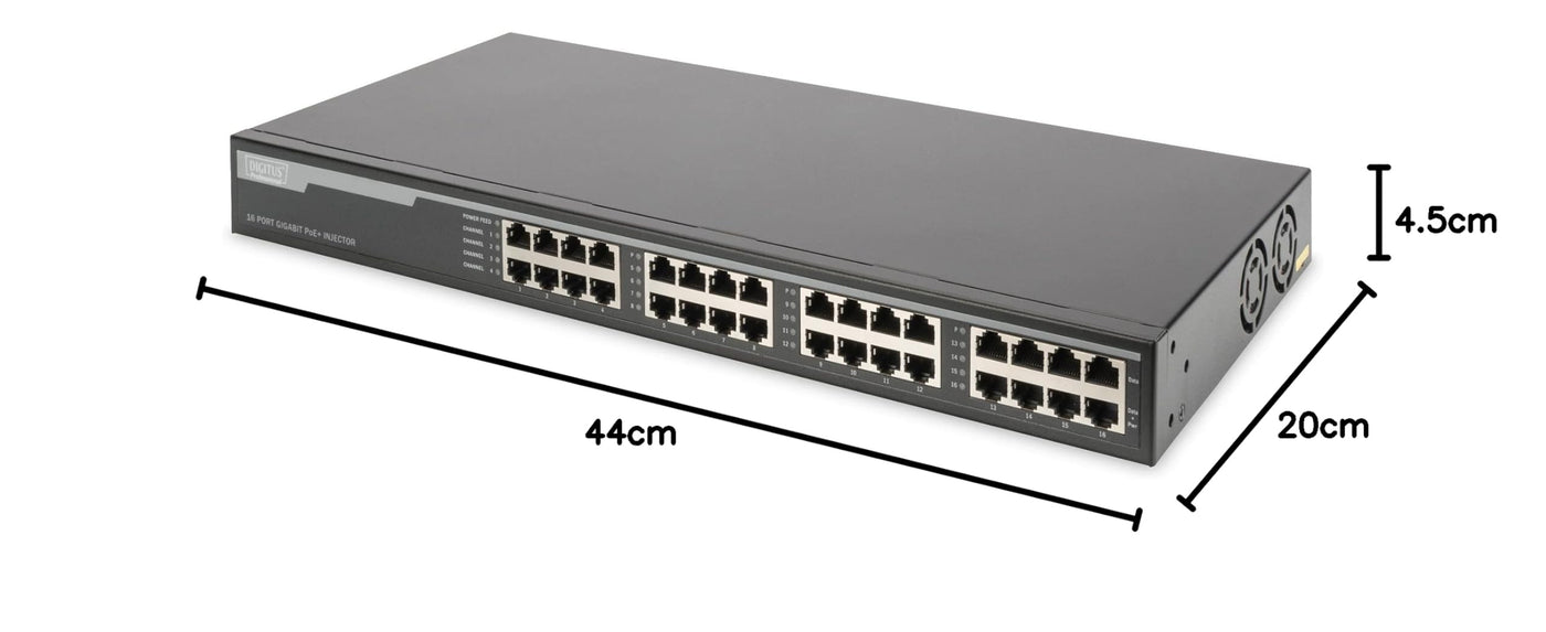 DIGITUS PoE+ Injektor - 16 Port - IEEE802.3at - Gigabit Ethernet - 19-Zoll Rack - 250 Watt gesamt - bis zu 30 Watt/Port