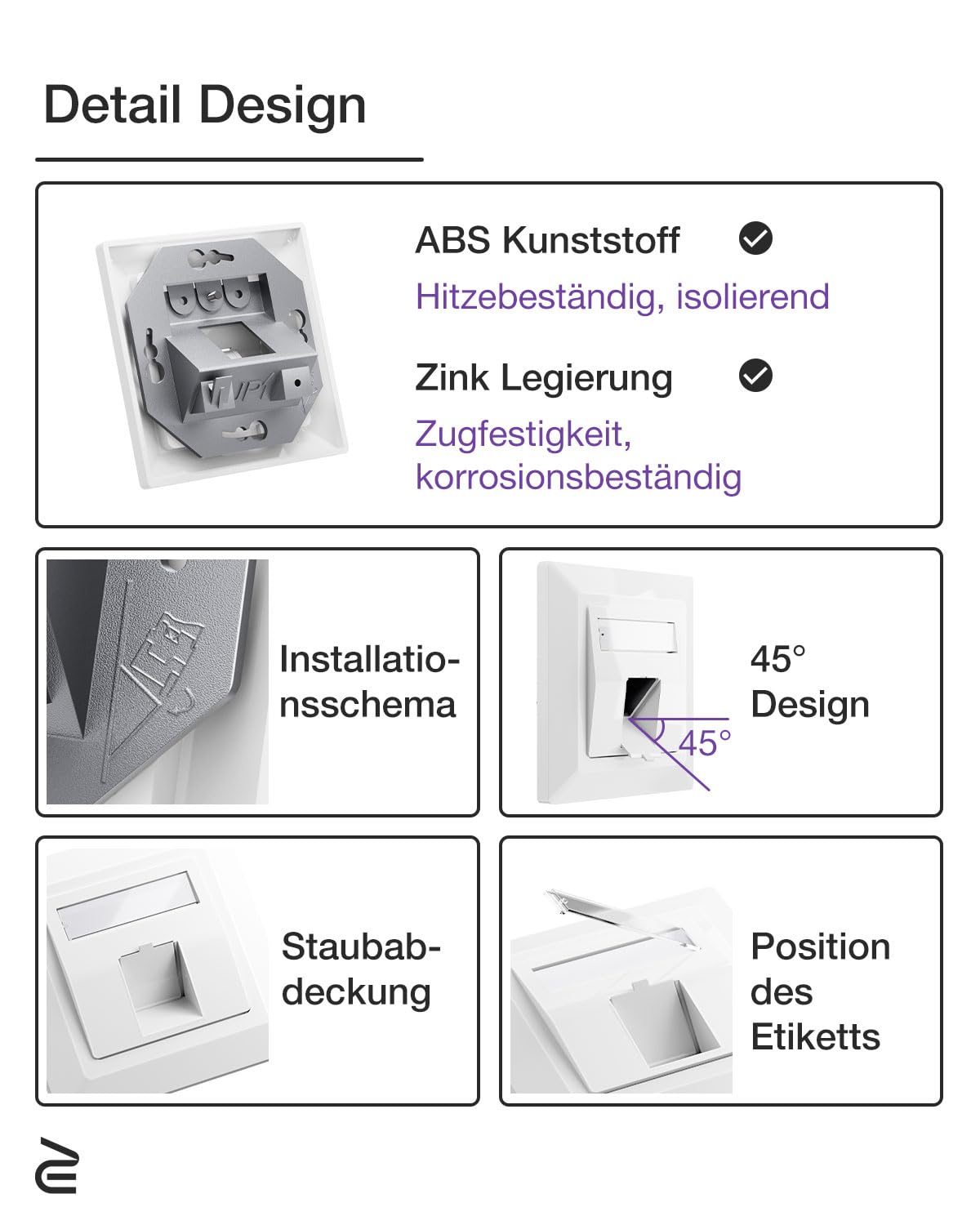 VCELINK 1x Keystone Netzwerkdose Unterputz CAT7/6A 1Fach, Lan Dose Keystone RJ45 Modul, STP Vollgeschirmt, RJ45 Ethernet Datendose DSL Patchkabel Verlegekabel