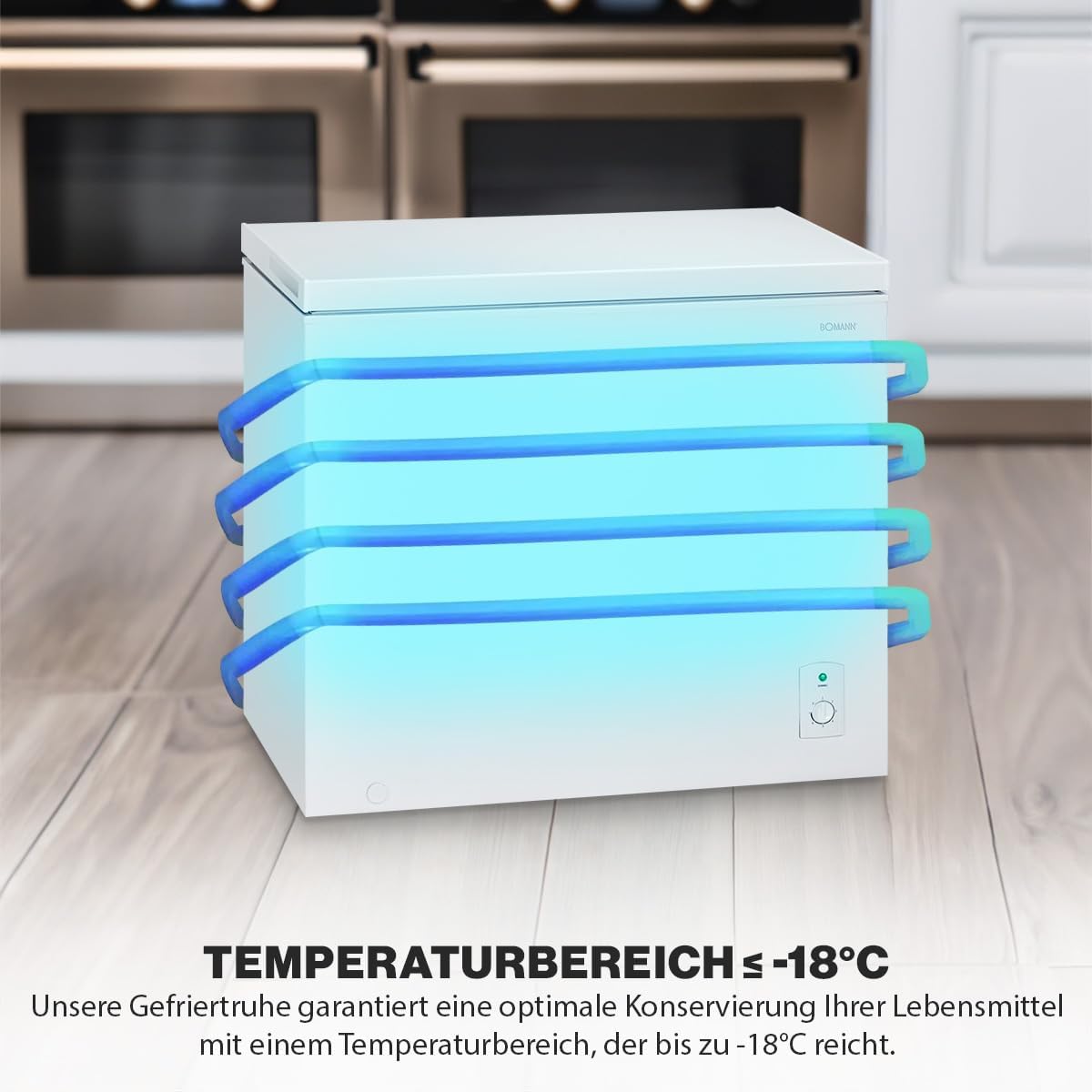 Bomann® Gefriertruhe mit 202L Nutzinhalt | Tiefkühltruhe mit 4-Sterne-Kennzeichnung & stufenloser Temperaturregelung | Lagerzeit bei Störung max.35h | Freezer inkl. Gefrierkorb & Eisschaber | GT 7338