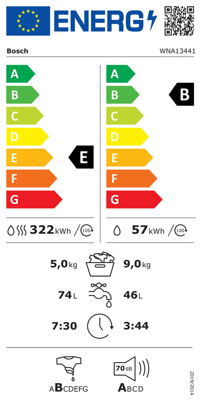 Bosch WNA13441 Serie 4 Waschtrockner, 9 kg Waschen & 5 kg Trocknen, 1400 UpM, optimale Trocknung, clevere Dampfbehndlung, leiser und effizienter Motor, Wäschepflege in 60 Minuten