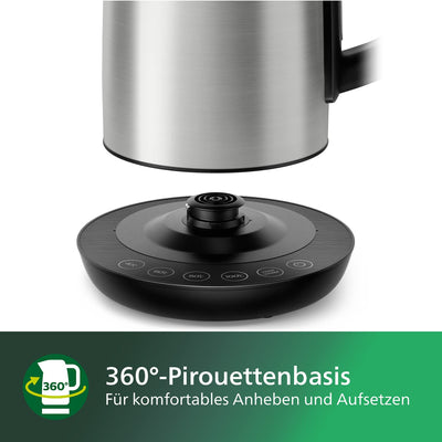 Philips Wasserkocher, 1.7 L Fassungsvermögen, Mit Temperaturregelung, Warmhaltefunktion und Kontrollanzeige, Pirouettenbasis, 2200 Watt, 23 X 18.8 X 25.7 Cm, Edelstahl (HD9359/90)