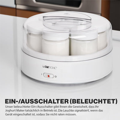 Clatronic® Joghurtbereiter mit 7 Portionsgläsern | Joghurtmaschine bis zu 1,1 Liter Joghurt, Quark & Frischkäse | Yogurt Maker für schnelle & einfache Zubereitung | pro Glas 160 ml + Deckel | JM 3344