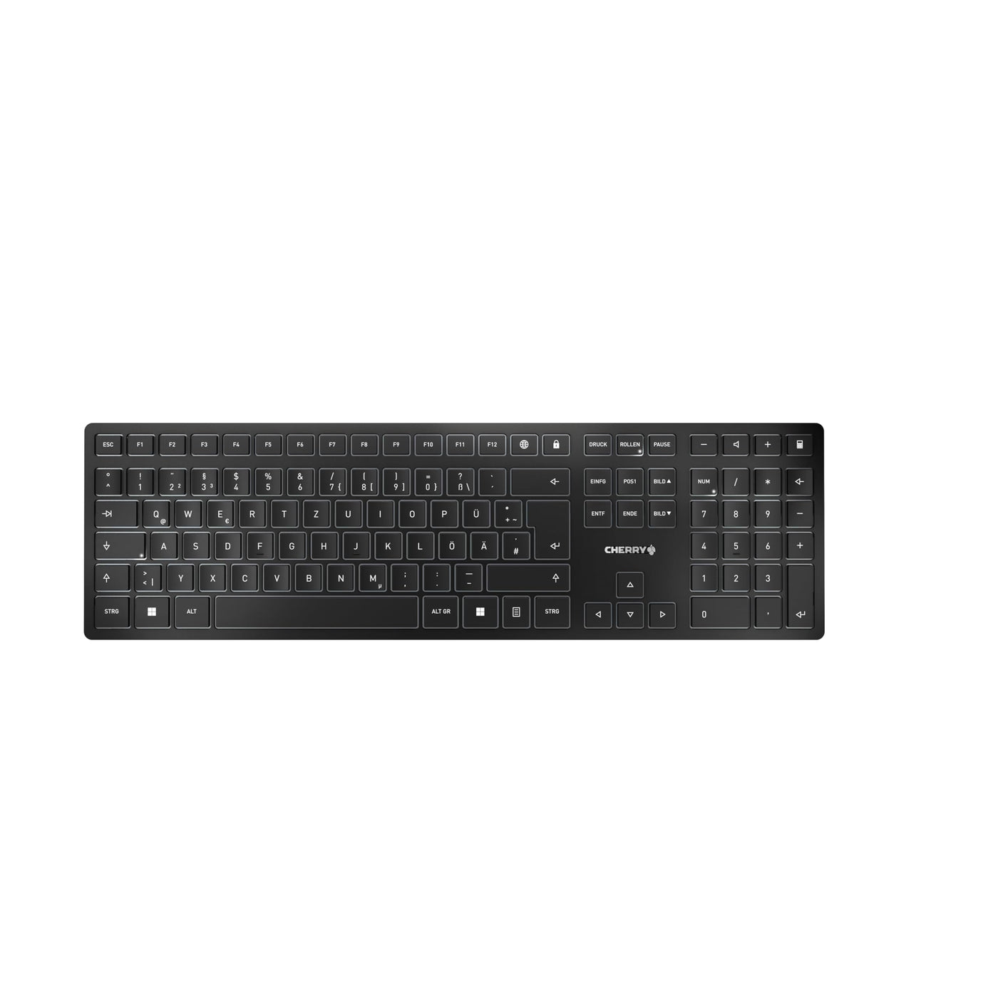 CHERRY KW 9100 SLIM, Kabellose Design-Tastatur, Deutsches Layout (QWERTZ), Wahlweise Bluetooth oder 2,4 GHz Funk, Flache Tasten, Wiederaufladbar, Schwarz-Grau