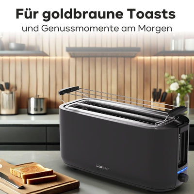 Clatronic Toaster 4 Scheiben | Toaster mit Brötchenaufsatz | Langschlitztoaster mit Auftau-/Aufwärm-/Schnellstoppfunktion | Toaster schwarz auch für Toastbrötchen & Fertigwaffeln | TA 3802 schwarz